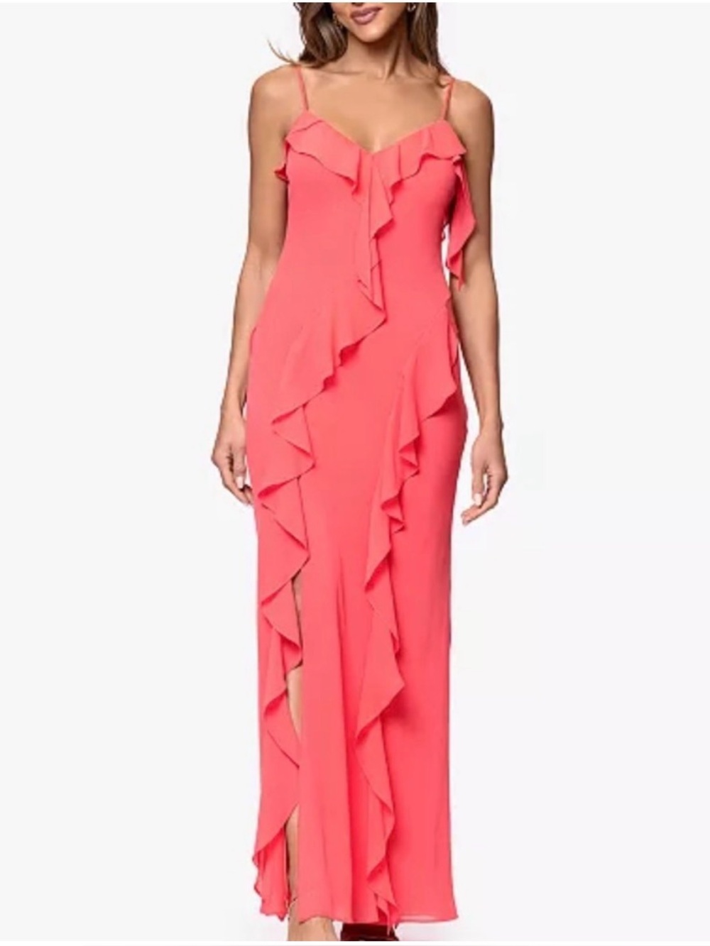 XSCAPE Ruffle Sweetheart Maxi Dress Coral Pink Petite 8 HOCO Prom Formal NWT